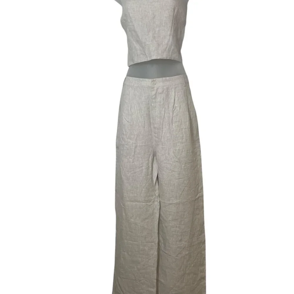 Reformation Olivia Linen Two Piece Set Size 12 NWT Oatmeal Crop Top & High Waist